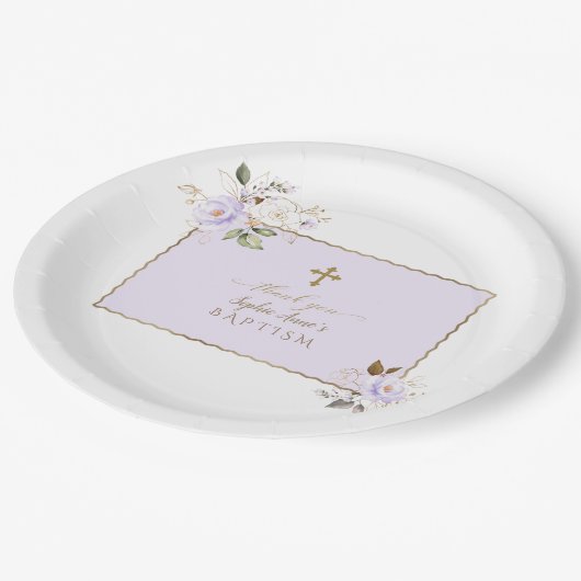 Assiettes En Carton Charme Fleurs d'or violet clair Baptême (Angle)