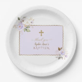 Assiettes En Carton Charme Fleurs d'or violet clair Baptême (Devant)
