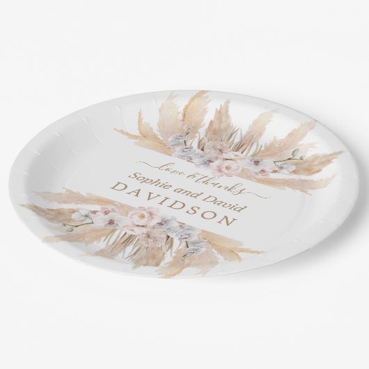 Assiettes En Carton Charme Roses Blanches Pampas Mariage en herbe (Angle)