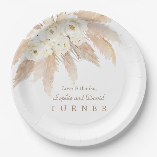 Assiettes En Carton Charme Roses Blanches Pampas Mariage en herbe (Devant)