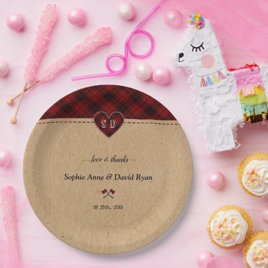 Assiettes En Carton Charme Rustique Buffalo Rouge Plaid Monogramme Mar (Fête)