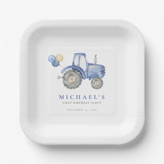 Assiettes En Carton Charming Blue Tractor Anniversaire (Recto)