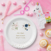 Assiettes En Carton Charming Rose Blue Gold Flowers Twins Baptême Squ (Fête)