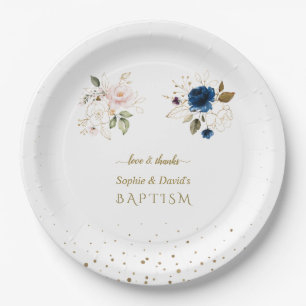 Assiettes En Carton Charming Rose Blue Gold Flowers Twins Baptême Squ