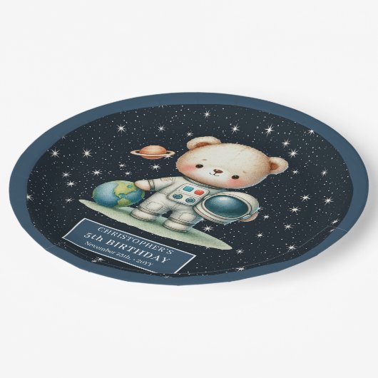 Assiettes En Carton Charming Teddy Bear Astronaut Baby shower Party (Angle)