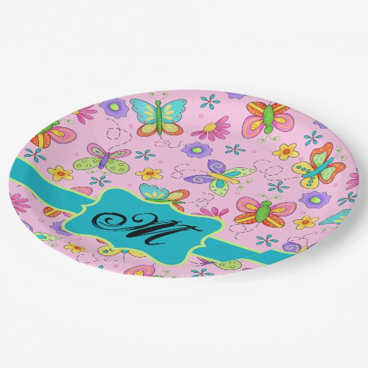 Assiettes En Carton Charming Whimsy Butterflies Pink Monogramme (Angle)