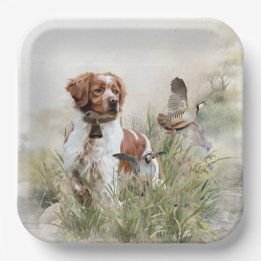Assiettes En Carton Chasse avec un chien breton, Art (Recto)