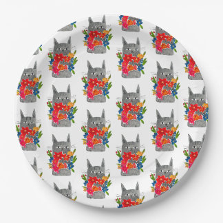 Assiettes En Carton Chat à fleurs