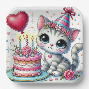 Assiettes En Carton Chat adorable célébrant son anniversaire avec un g
