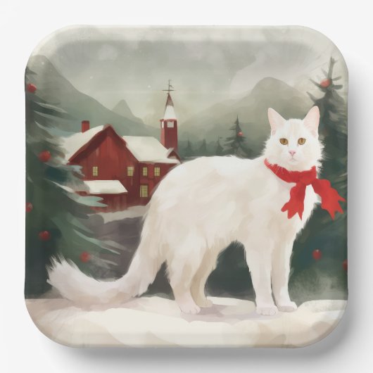 Assiettes En Carton Chat Angora turc en Noël de neige (Recto)