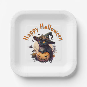 Assiettes En Carton Chat aux sorcières pour Halloween heureux