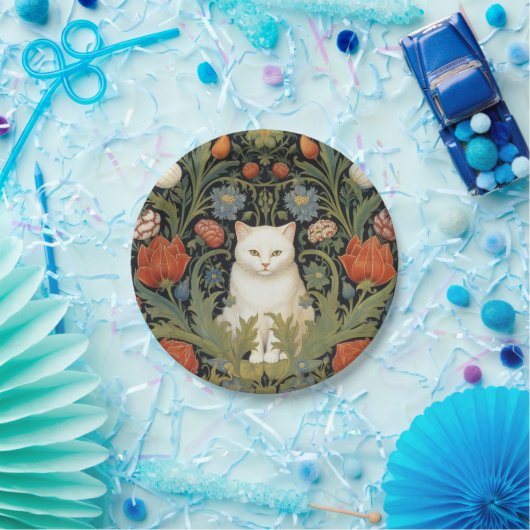 Assiettes En Carton Chat blanc Art nouveau dans le jardin (Fête)