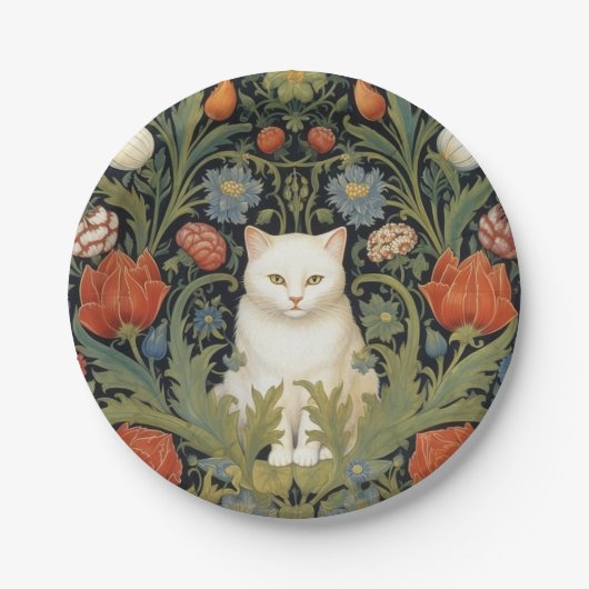 Assiettes En Carton Chat blanc Art nouveau dans le jardin (Devant)