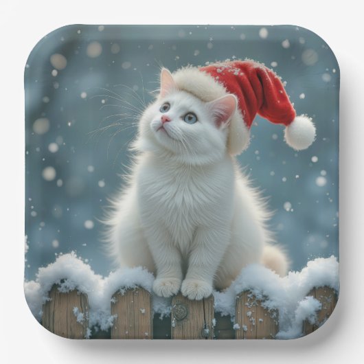 Assiettes En Carton Chat blanc de Noël portant un chapeau de Père Noël (Recto)