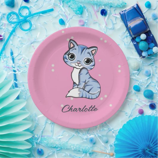 Assiettes En Carton Chat bleu mignon sur nom personnalisé rose (Fête)