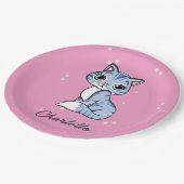 Assiettes En Carton Chat bleu mignon sur nom personnalisé rose (Angle)