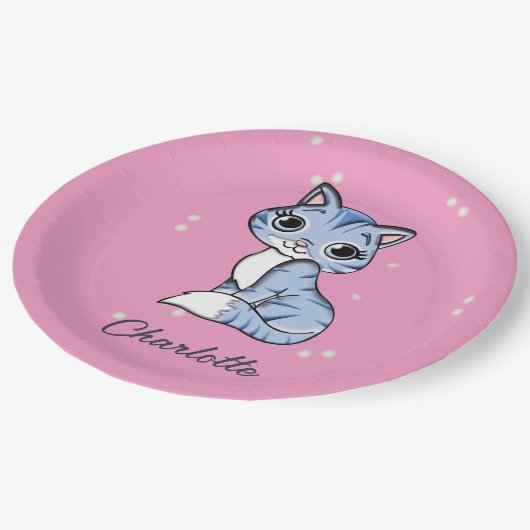 Assiettes En Carton Chat bleu mignon sur nom personnalisé rose (Angle)