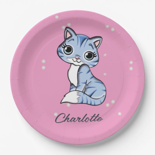 Assiettes En Carton Chat bleu mignon sur nom personnalisé rose (Devant)