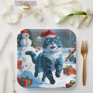 Assiettes En Carton Chat bleu oriental assis dans la neige avec un cha