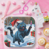 Assiettes En Carton Chat bleu russe à la neige avec Casquette de Noël (Fête)