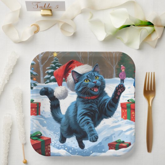 Assiettes En Carton Chat bleu russe à la neige avec Casquette de Noël (Mariage)