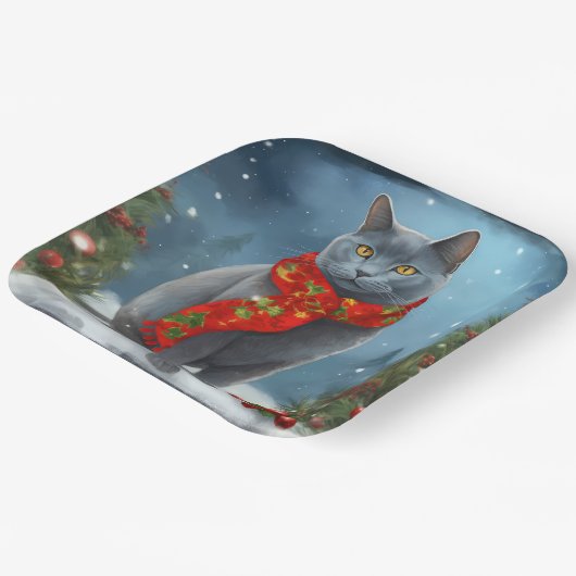Assiettes En Carton Chat bleu russe à Noël de neige (Angulaire)