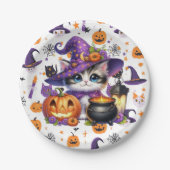 Assiettes En Carton Chat Casquette Violet Pour Halloween (Devant)