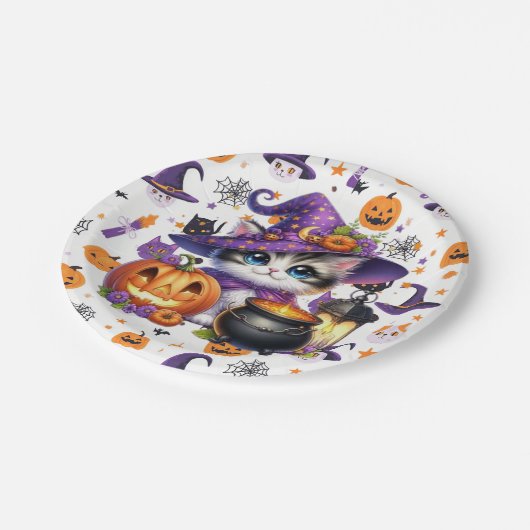 Assiettes En Carton Chat Casquette Violet Pour Halloween (Angle)
