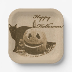 Assiettes En Carton Chat & Citrouille Joyeux Halloween