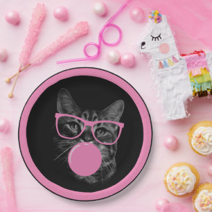 Assiettes En Carton Chat cool avec lunettes roses et gomme à bulles