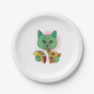 Assiettes En Carton Chat cosmique mangeant Pizza et Taco