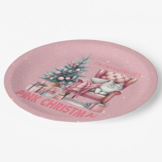 Assiettes En Carton Chat couché Je rêve d'un Noël rose (Angle)