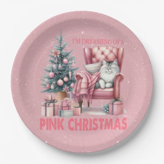 Assiettes En Carton Chat couché Je rêve d'un Noël rose (Devant)