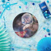 Assiettes En Carton Chat d'astronaute chassant une tranche de pizza (Fête)