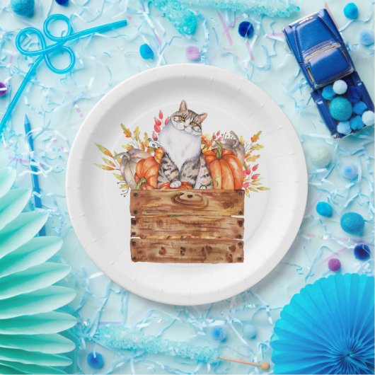 Assiettes En Carton Chat d'automne et citrouilles en boîte (Fête)