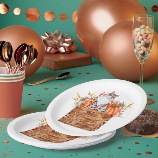 Assiettes En Carton Chat d'automne et citrouilles en boîte (Multi)