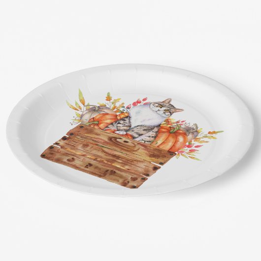 Assiettes En Carton Chat d'automne et citrouilles en boîte (Angle)