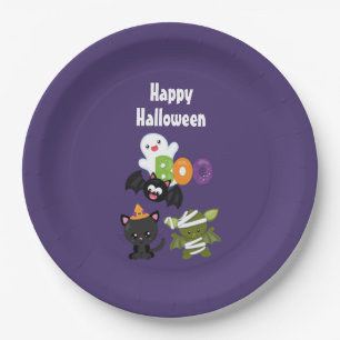 Assiettes En Carton Chat de Cute Halloween, bat, mummy et ghost