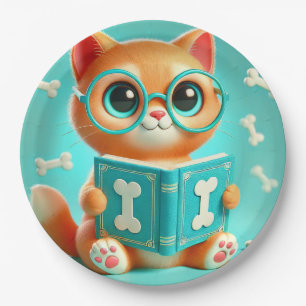 Assiettes En Carton Chat de dessin animé adorable lisant un livre