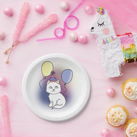 Assiettes En Carton Chat de dessin blanc avec ballons (Fête)