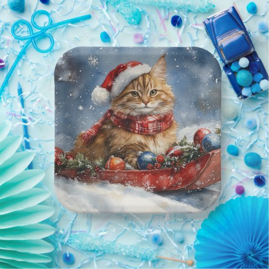 Assiettes En Carton Chat de Maine Coon en sledge Laisser neiger Noël (Fête)