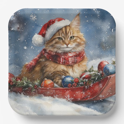Assiettes En Carton Chat de Maine Coon en sledge Laisser neiger Noël (Recto)