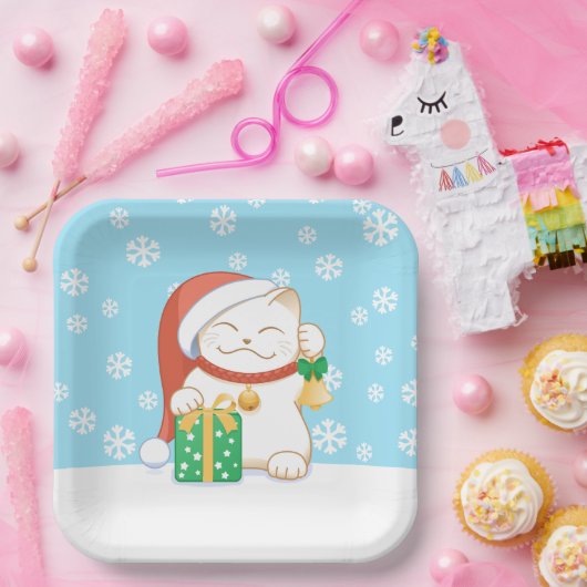 Assiettes En Carton Chat de Noël blanc dans un Casquette rouge (Fête)