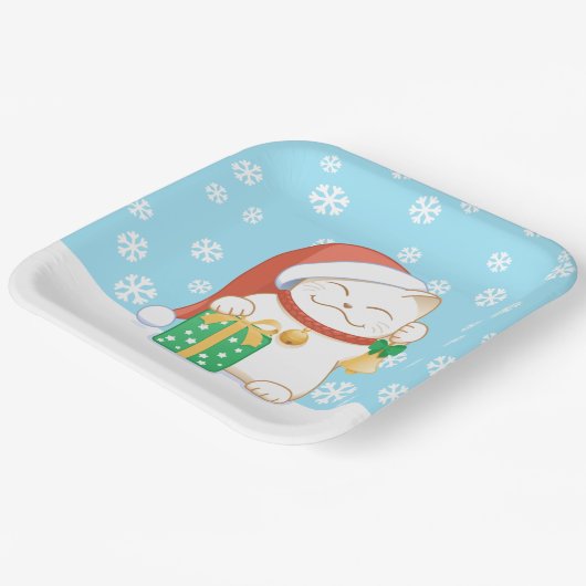 Assiettes En Carton Chat de Noël blanc dans un Casquette rouge (Angulaire)