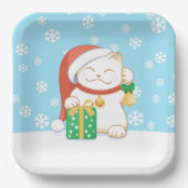 Assiettes En Carton Chat de Noël blanc dans un Casquette rouge (Recto)