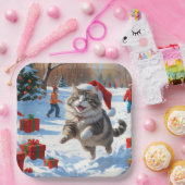 Assiettes En Carton Chat de Sibérie courant dans la neige avec Casquet (Fête)