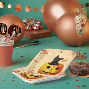 Assiettes En Carton Chat d'Halloween en Coussin Citrouille