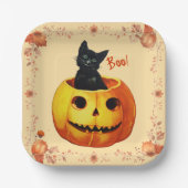 Assiettes En Carton Chat d'Halloween en Coussin Citrouille (Recto)