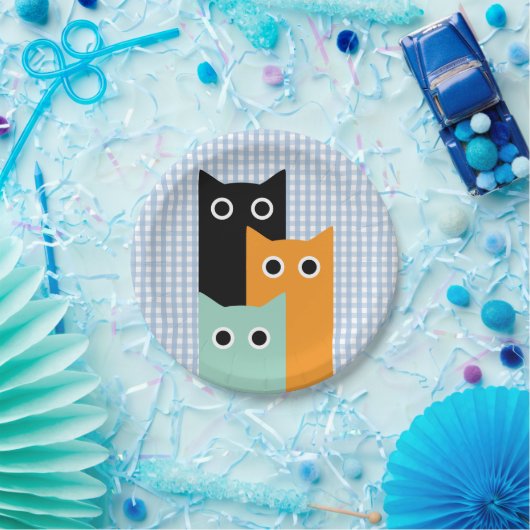 Assiettes En Carton Chat drôle, En vichy bleu (Fête)