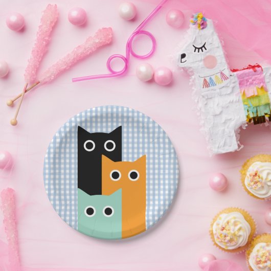 Assiettes En Carton Chat drôle, En vichy bleu (Fête)